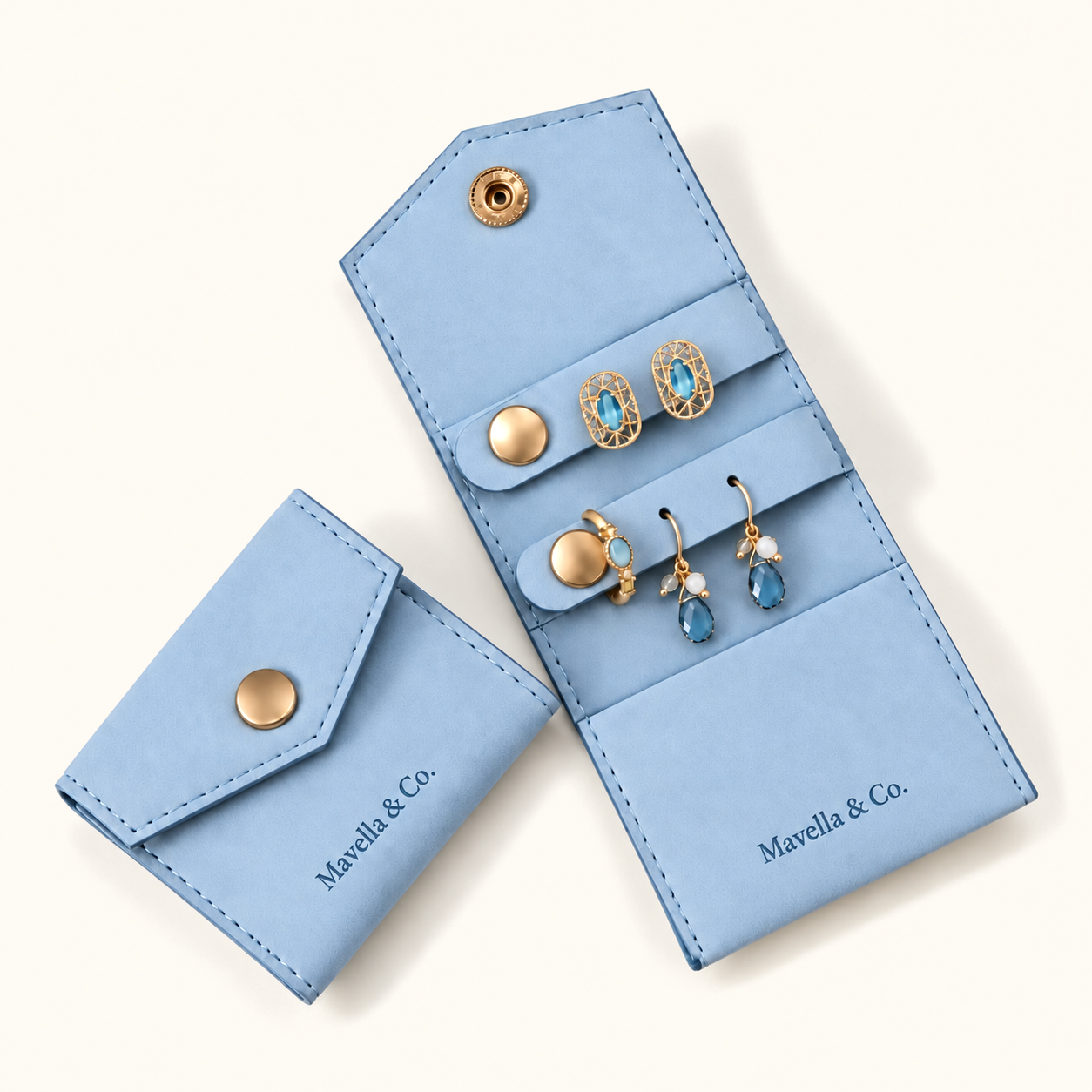 Travel pouch opened flat showing two ring straps and a pocket
