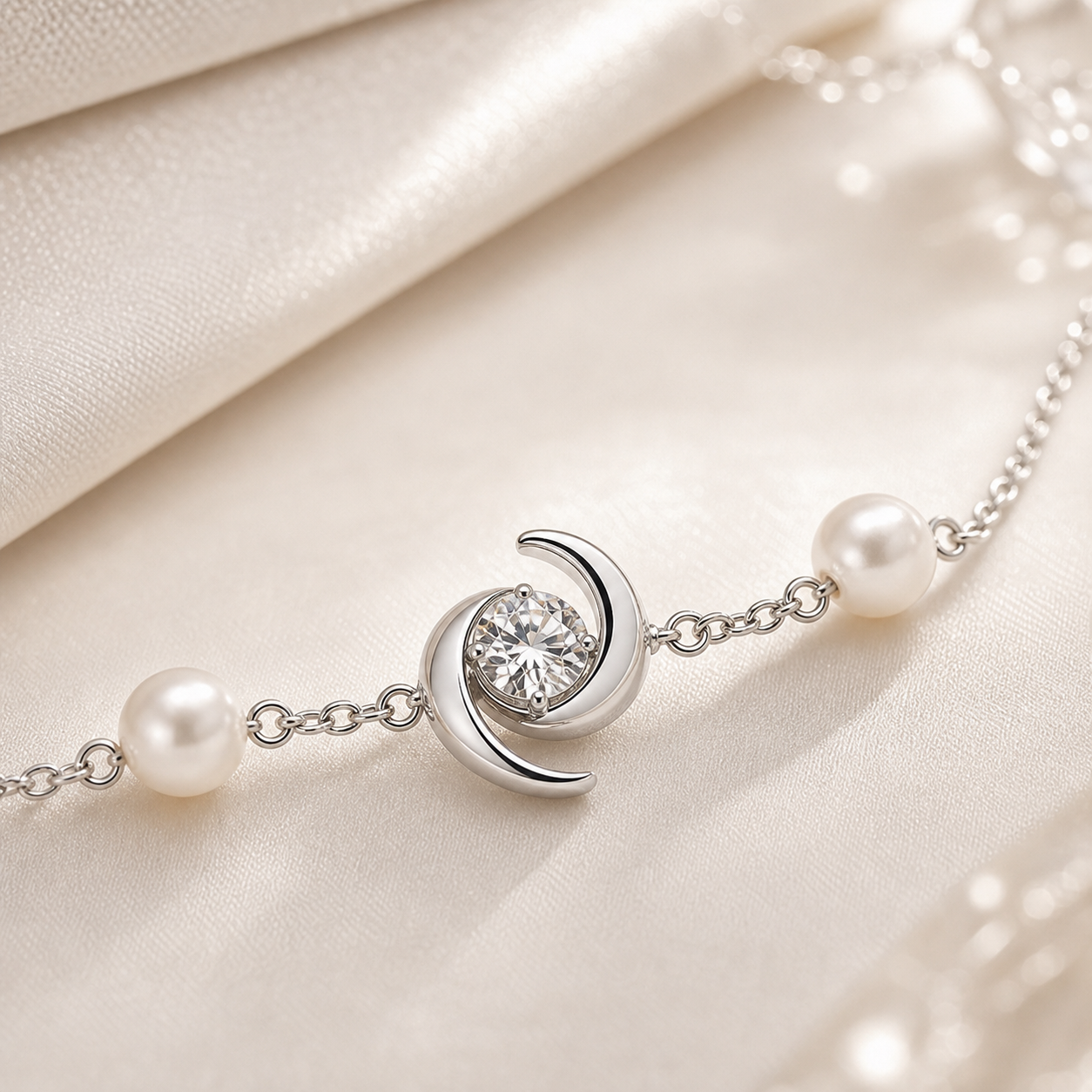 Celeste Moon Pearl Bracelet macro detail mockup by Mavella & Co.