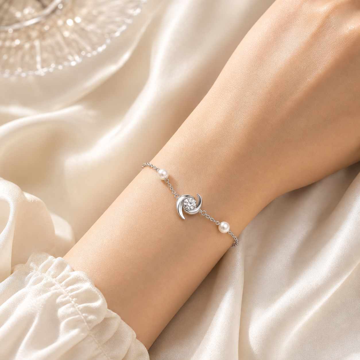 Celeste Moon Pearl Bracelet on wrist mockup by Mavella & Co.