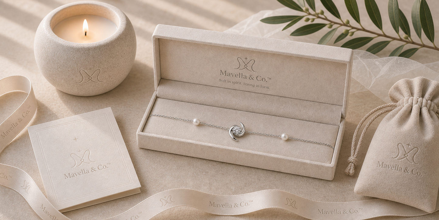Celeste Moon Pearl Bracelet in Mavella & Co. gift packaging