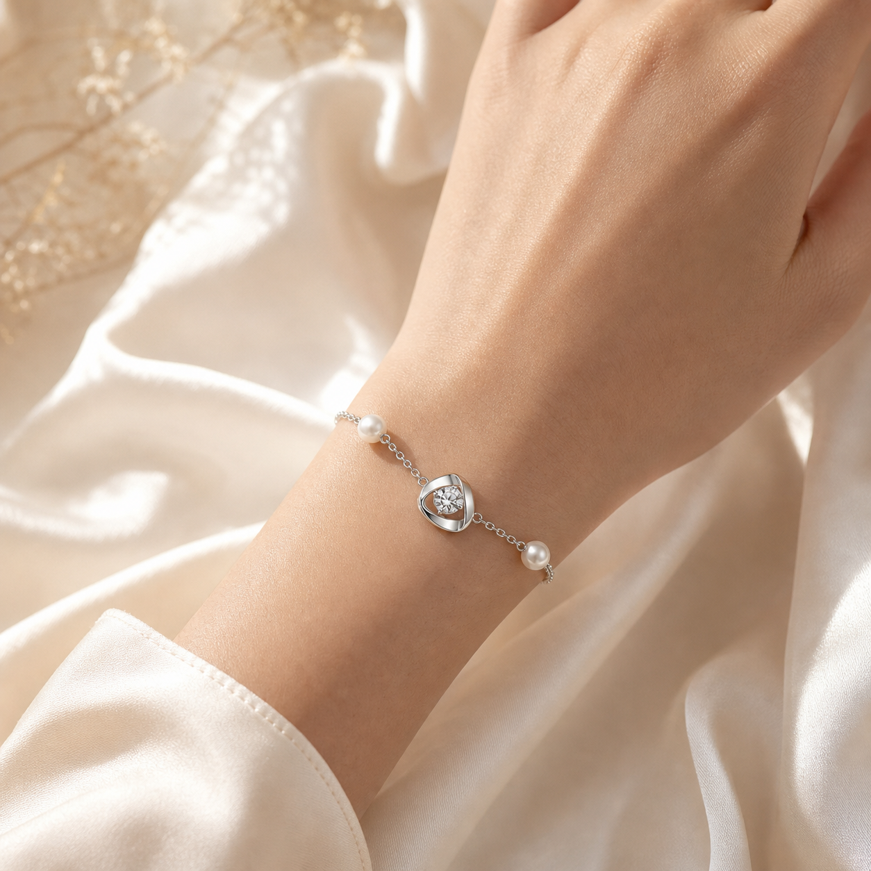 Liora Heart Pearl Bracelet on wrist mockup by Mavella & Co.