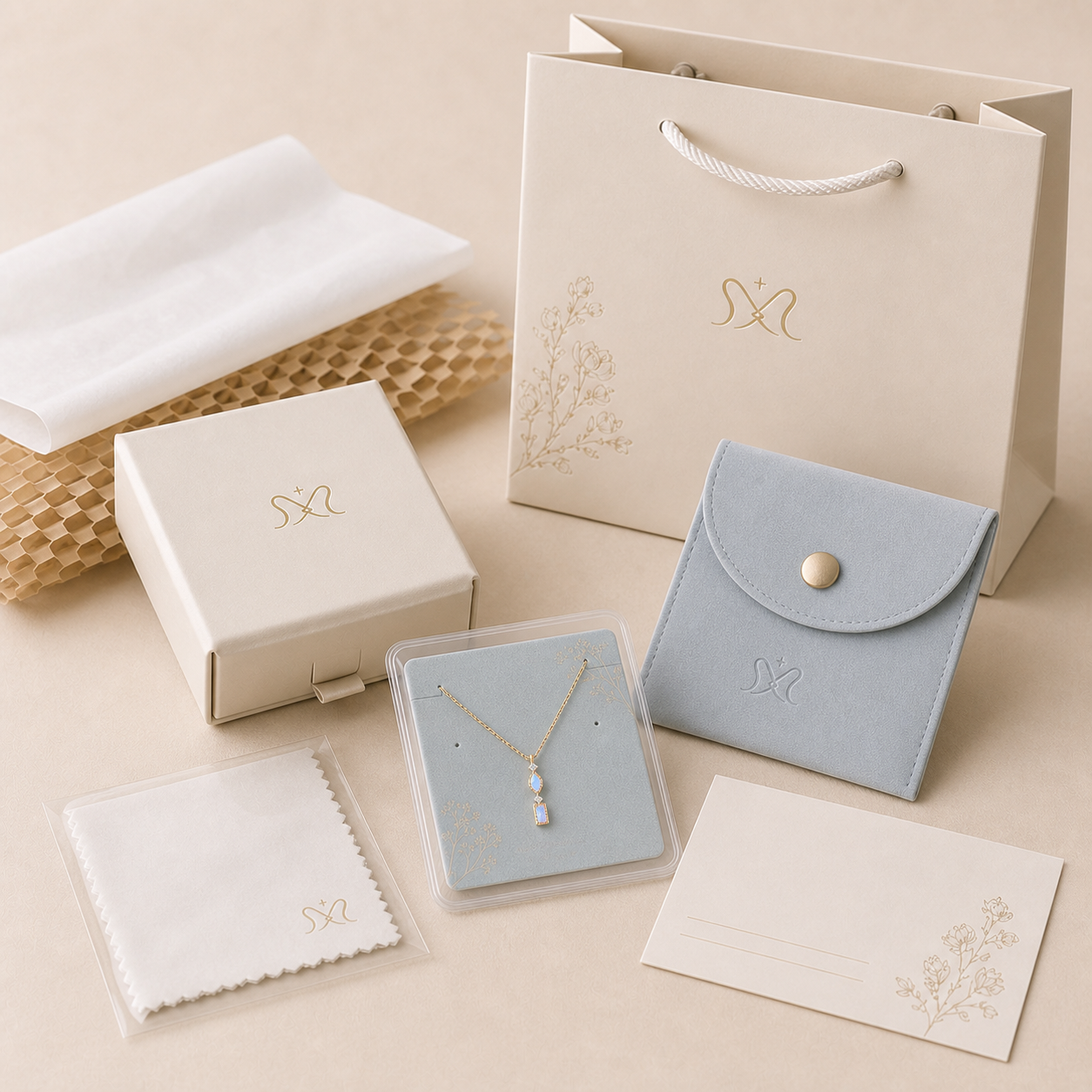 Mavella Gift Ready Packaging with keepsake jewelry box, 6 x 6 cm inner card, pouch, note card, shopping bag, tissue paper, and honeycomb paper