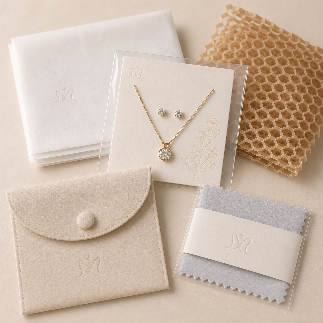 Mavella Signature Packaging with display card, clear protective sleeve, cream microfiber pouch, polishing cloth, tissue paper, and honeycomb paper