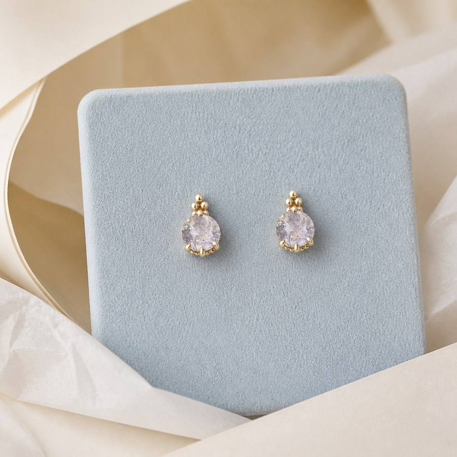 Round moonstone dot stud earrings in gold setting