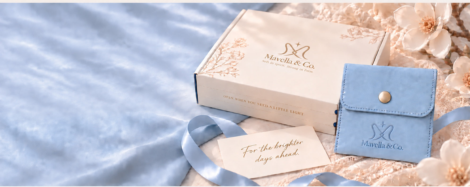 Mavella gift box, mist-blue suede pouch and a handwritten note